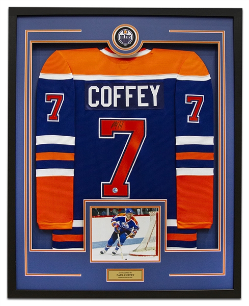 Paul Coffey Signed Edmonton Oilers Puck Logo 36x44 Jersey Frame