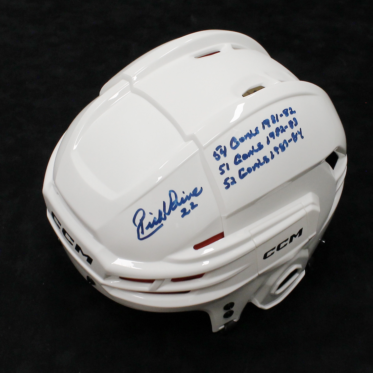 Rick Vaive Autographed White CCM Tacks Helmet With 50 Goal Seasons Stats