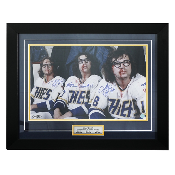 The Hanson Brothers Triple Signed Charlestown Chiefs Slapshot Movie 24x28 Frame