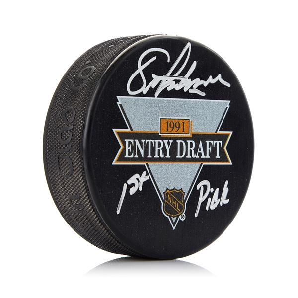 Eric Lindros Signed 1991 NHL Entry Draft Puck with 1st Pick Note