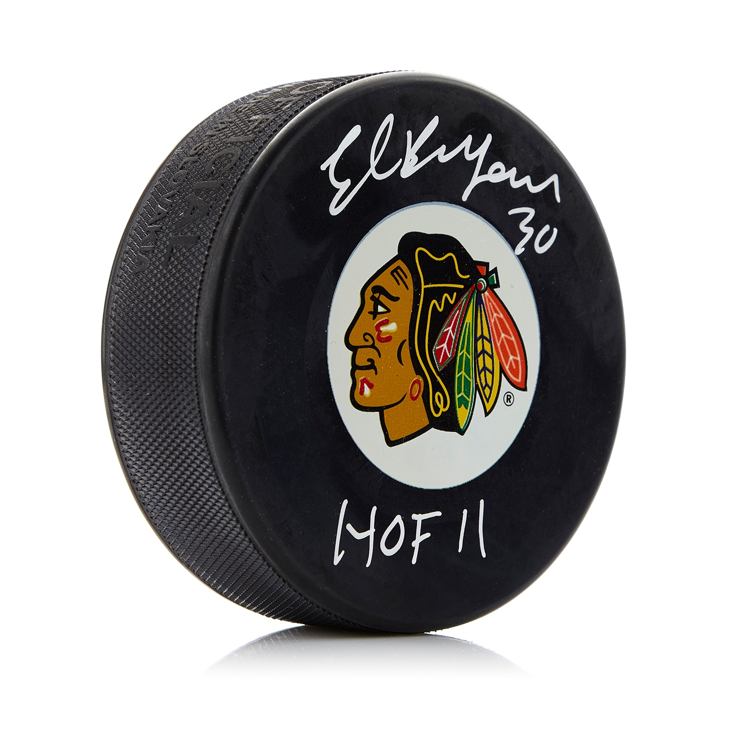 Ed Belfour Signed Chicago Blackhawks Hockey Puck with HOF Note