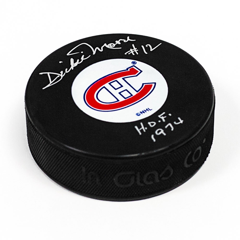 Dickie Moore Autographed Montreal Canadiens Hockey Puck with HOF Note