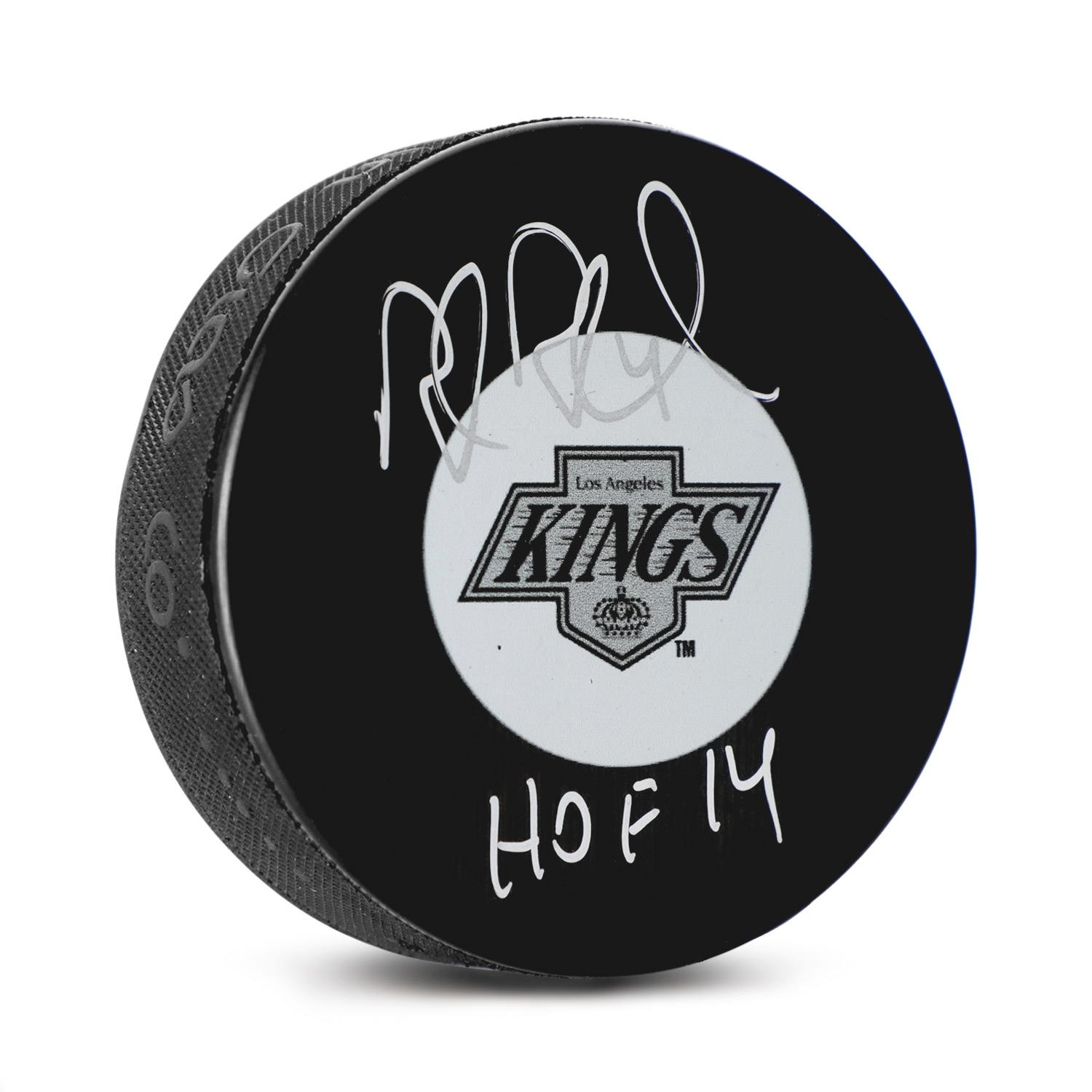 Rob Blake Signed Los Angeles Kings Vintage Logo Puck with HOF Note