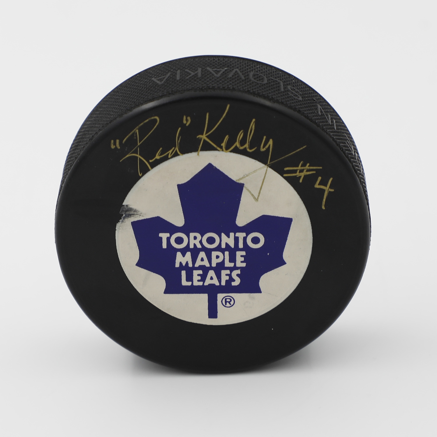 Red Kelly Signed Vintage Toronto Maple Leafs Hockey Puck (Flawed)