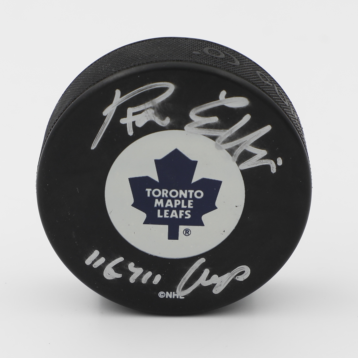 Ron Ellis Autographed Toronto Maple Leafs Puck With Cup Note (Flawed)