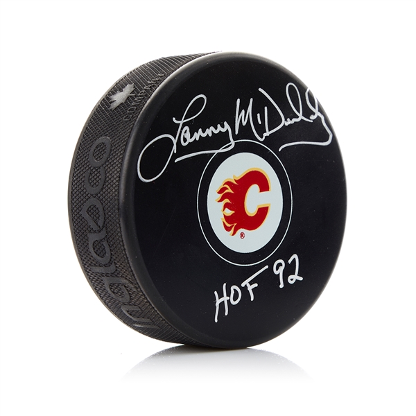 Lanny McDonald Signed Calgary Flames Hockey Puck with HOF Note