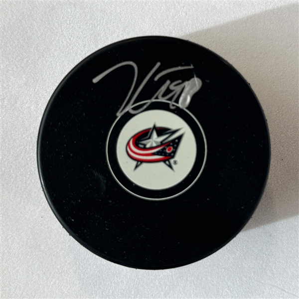 Kent Johnson Autographed Columbus Blue Jackets Hockey Puck (Flawed)