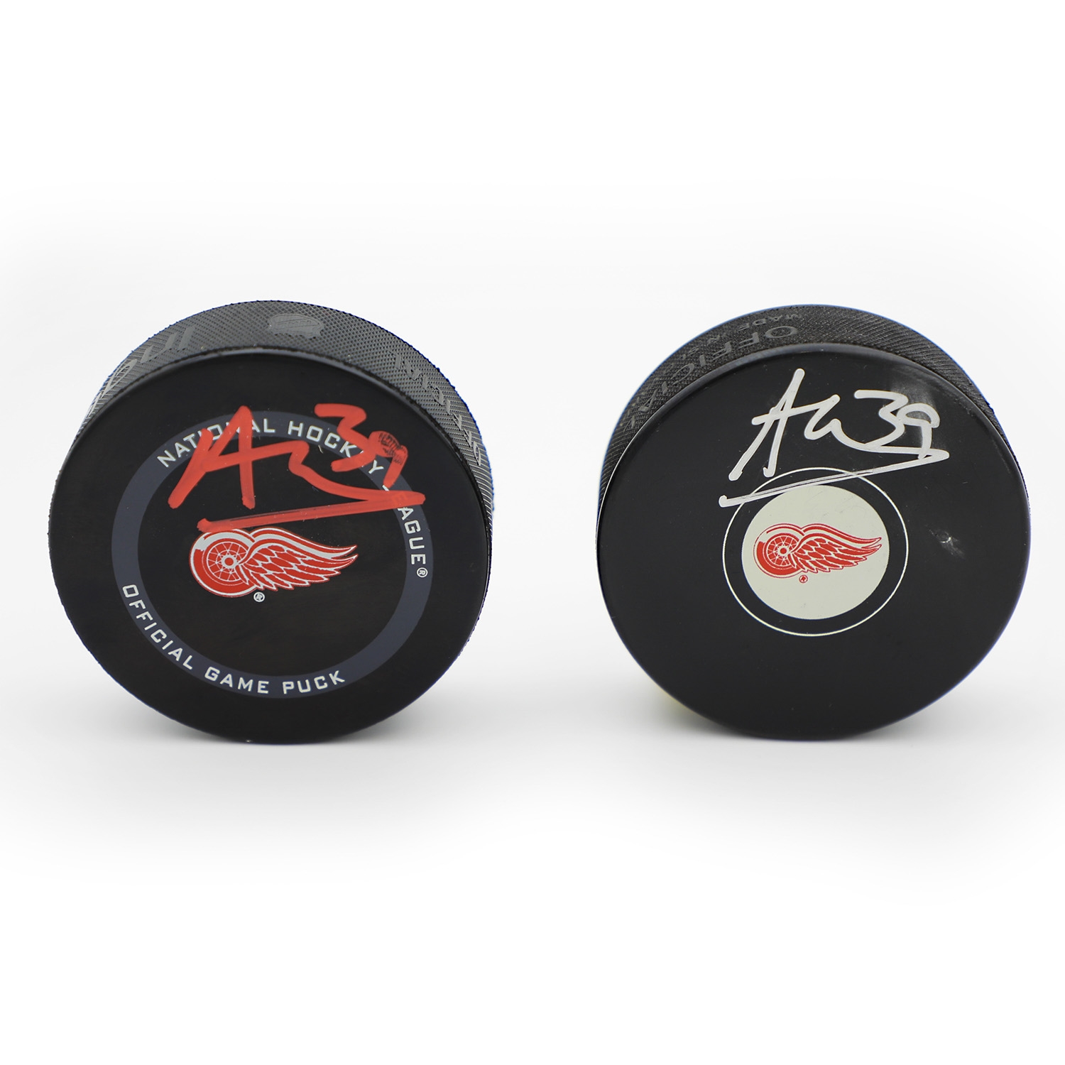 Lot Of 2 Alex Nedeljkovic Autographed Detroit Red Wings Hockey Pucks (Flawed)