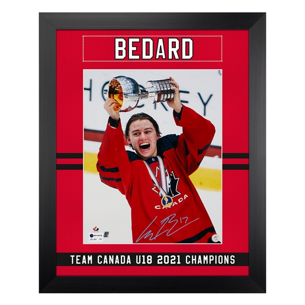 Connor Bedard Signed Team Canada U18 Gold Medal Uniform Graphic 26x32 Frame