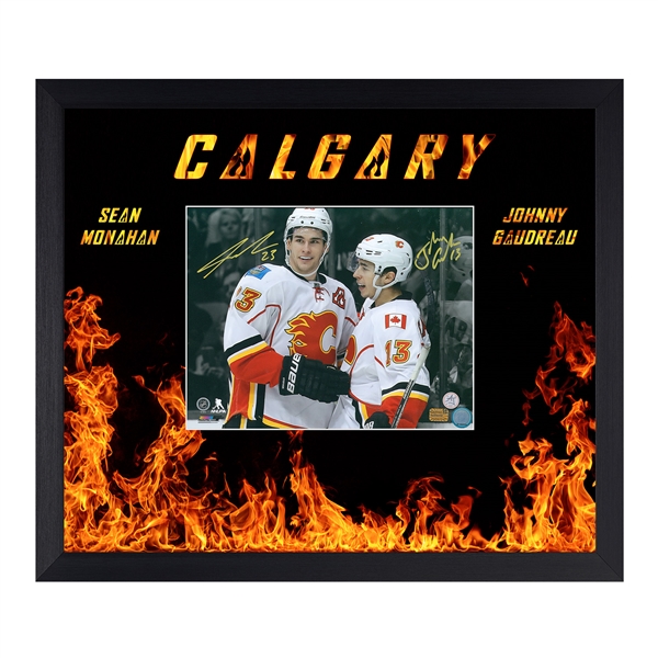 Johnny Gaudreau & Sean Monahan Dual Signed Calgary Flames Fire Graphic 23x27 Frame