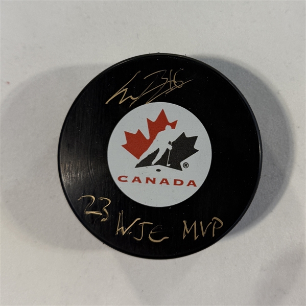 Connor Bedard Signed Team Canada Hockey Puck with 23 WJC MVP Note (FLAWED)