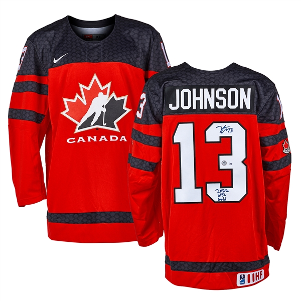 Kent Johnson Team Canada Signed & Inscribed 2022 WJC Gold Nike Jersey /22