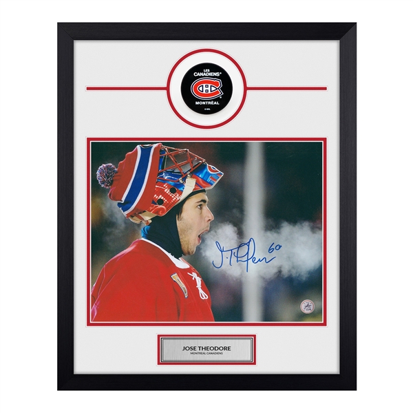 Jose Theodore Signed Montreal Canadiens Heritage Classic Puck Logo 19x23 Frame