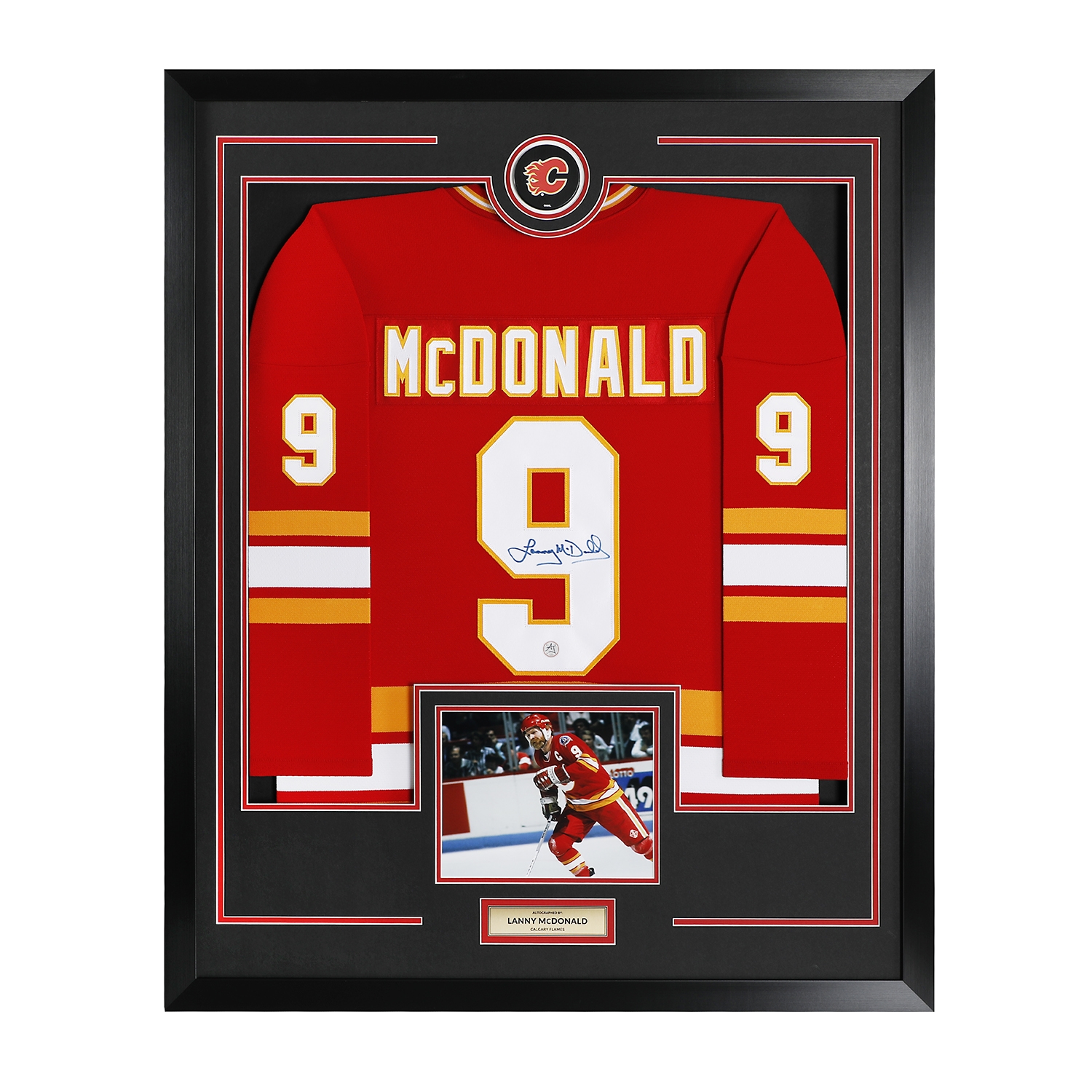 Lanny McDonald Signed Calgary Flames Puck Logo 36x44 Jersey Frame