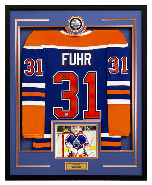 Grant Fuhr Signed Edmonton Oilers Puck Logo 36x44 Jersey Frame