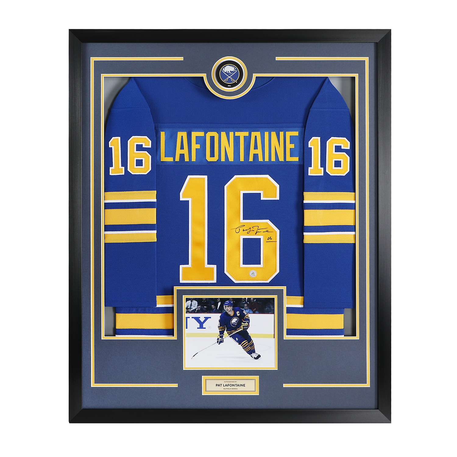 Pat LaFontaine Signed Buffalo Sabres Puck Logo 36x44 Jersey Frame