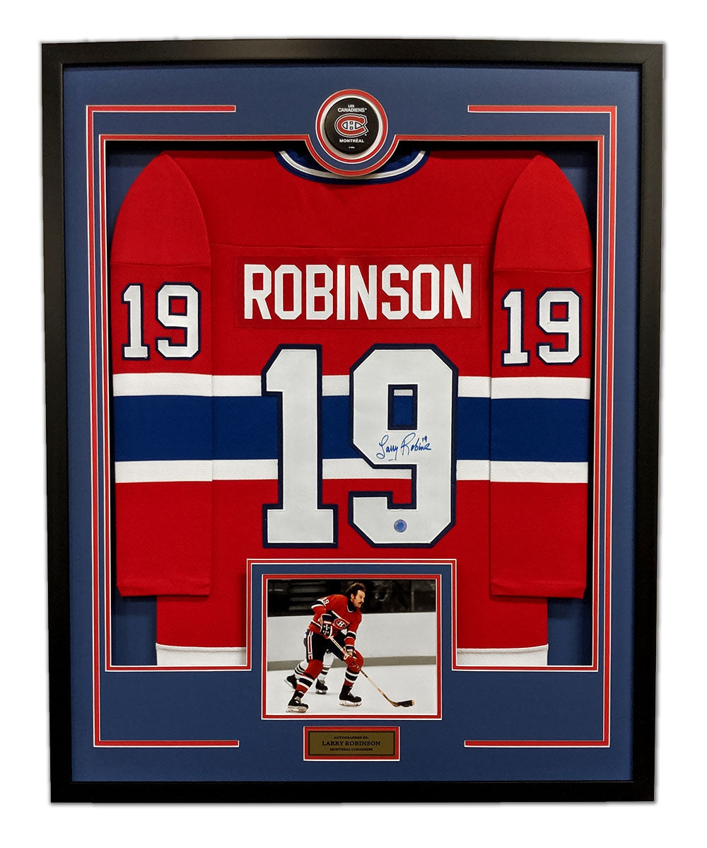 Larry Robinson Signed Montreal Canadiens Puck Logo 36x44 Jersey Frame