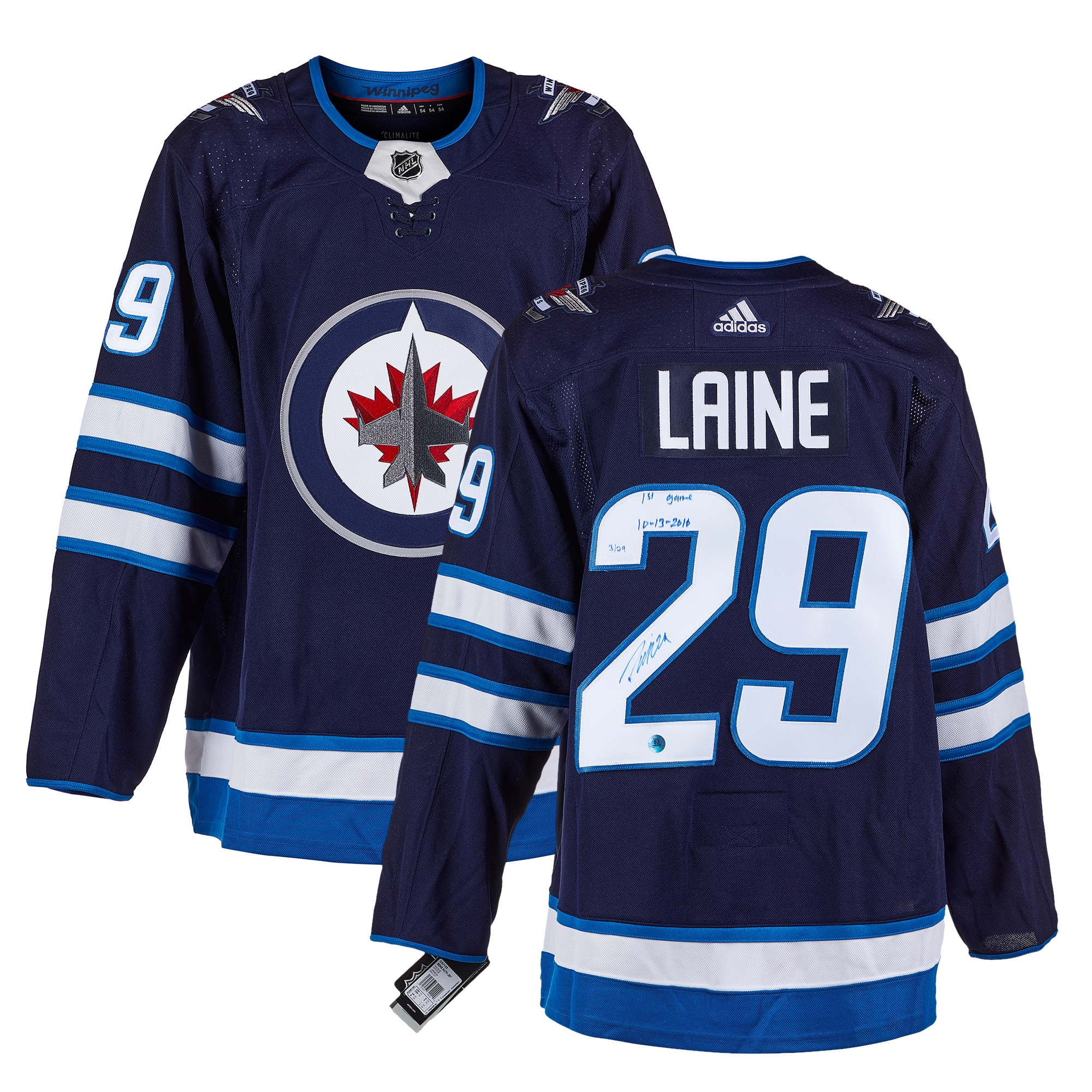 Patrik Laine Winnipeg Jets Signed & Dated 1st Game adidas Jersey #/29