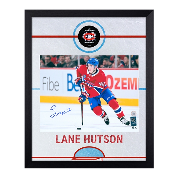 Lane Hutson Autographed Montreal Canadiens Graphic Rink 19x23 Frame