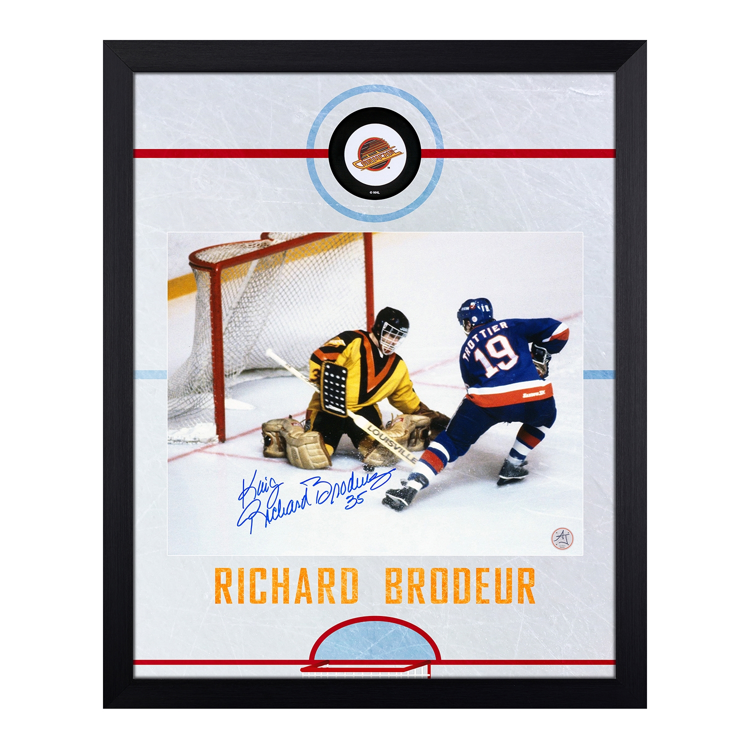 Richard Brodeur Signed Vancouver Canucks Graphic Rink 19x23 Frame