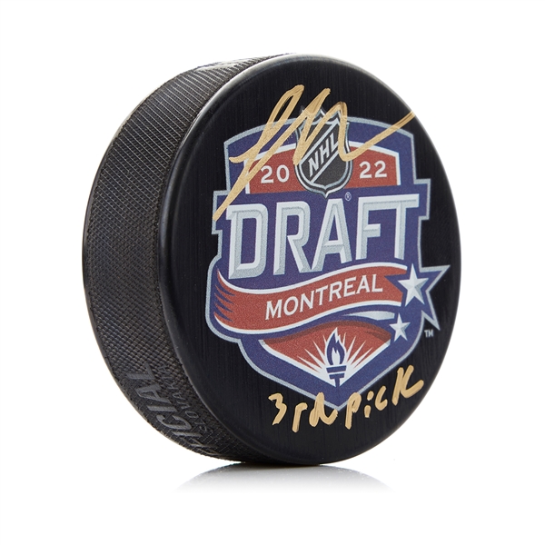 Logan Cooley Signed 2022 NHL Entry Draft Puck with 3rd Pick Note