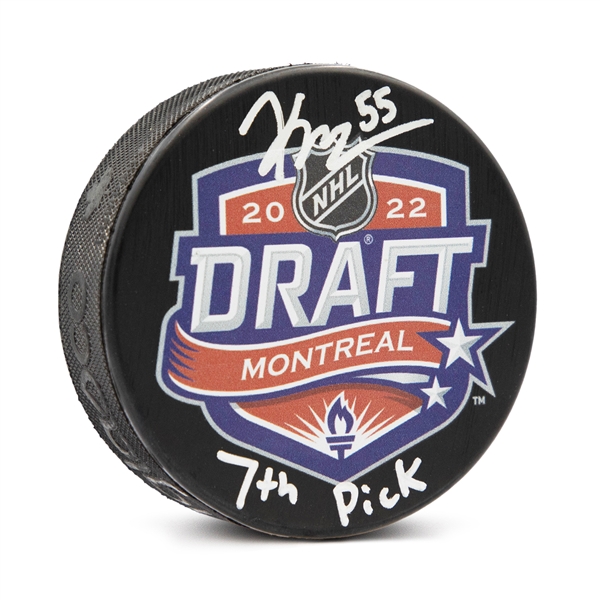 Kevin Korchinski Signed 2022 NHL Entry Draft Puck with 7th Pick Note