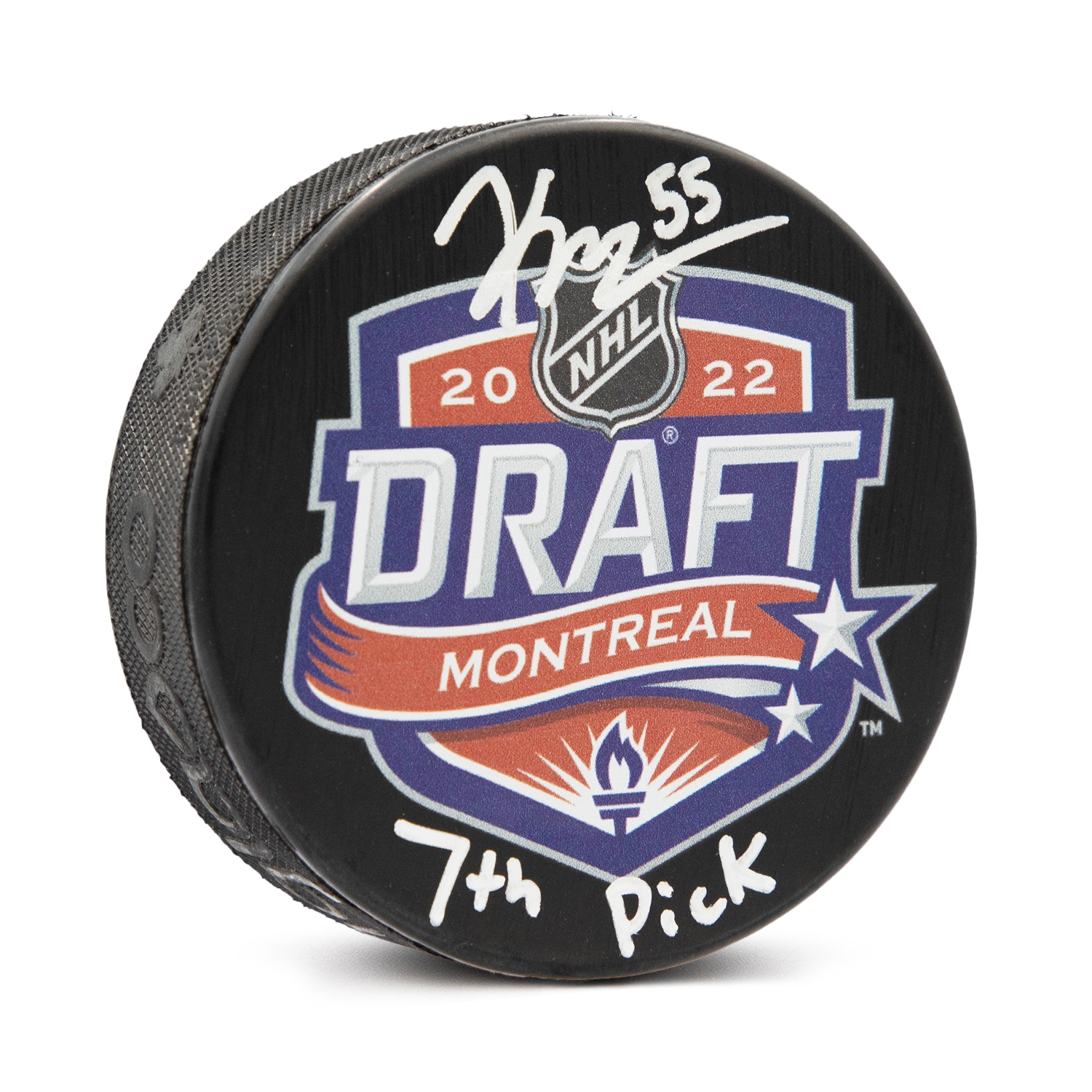 Kevin Korchinski Signed 2022 NHL Entry Draft Puck with 7th Pick Note