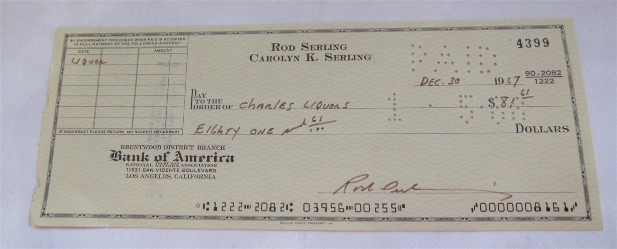 Rod Serling Signed 1967 Canceled Check - The Twilight Zone