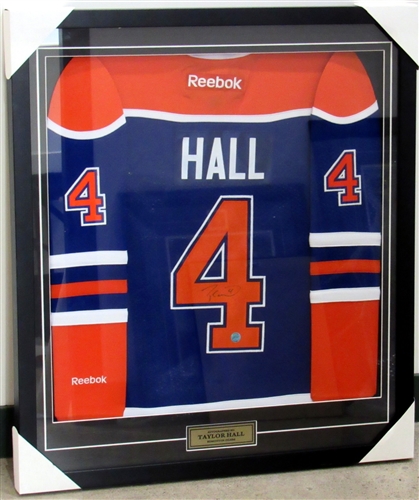 Taylor Hall Edmonton Oilers Autographed 30x34 Framed Reebok Jersey Display (Flawed)