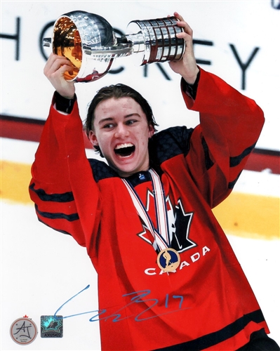 Connor Bedard Team Canada Signed Under 18 Champion 8x10 Photo (Flawed)