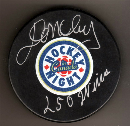 Don Cherry Hockey Night In Canada Autographed Hockey Puck with 250 Wins Note (Flawed)