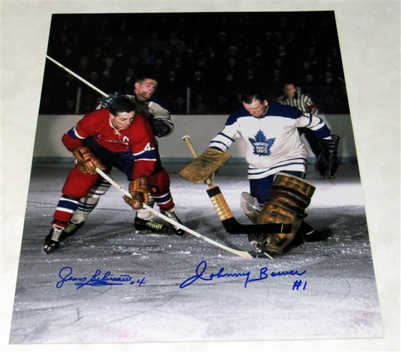 Jean Beliveau vs Johnny Bower Dual Signed Canadiens & Maple Leafs 11x14 Photo with Horton Pictured (Flawed)