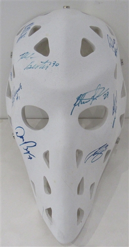 Vintage White Goalie Mask Signed By 9 NHL Goalies– Potvin, Joseph, Beaupre +  (Flawed)
