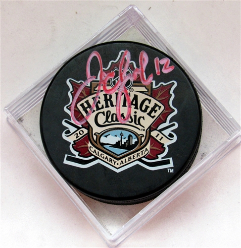 Jarome Iginla Calgary Flames Signed 2011 Heritage Classic Game Hockey Puck (Flawed)