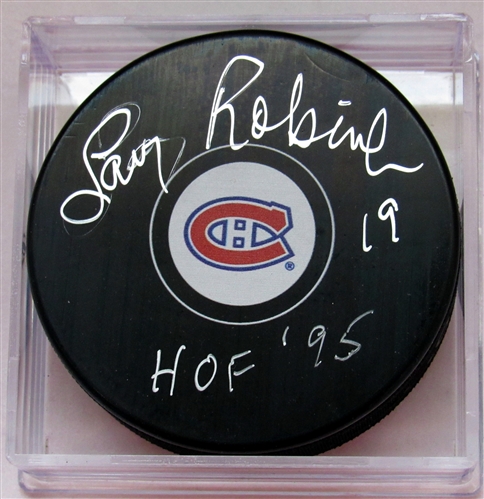 Larry Robinson Montreal Canadiens Signed Hockey Puck with HOF 95 Note (Flawed)