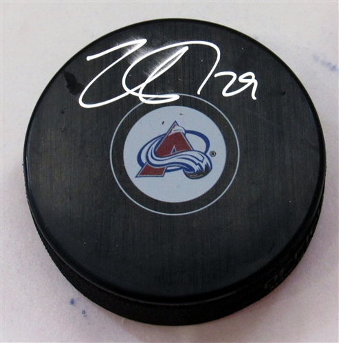 Nathan MacKinnon Colorado Avalanche Autographed Hockey Puck (Flawed) 