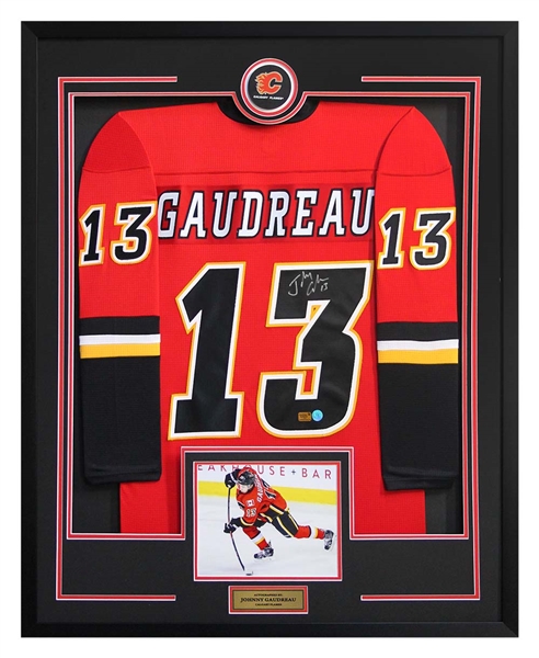 Johnny Gaudreau Autographed Calgary Flames 36x44 Framed Jersey Display