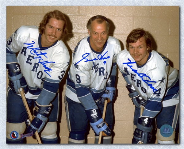 Gordie Howe, Mark Howe & Marty Howe Signed Houston Aeros WHA 8x10 Photo