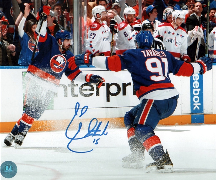 Cal Clutterbuck New York Islanders Autographed Goal Celebration 8x8 Photo (Flawed)