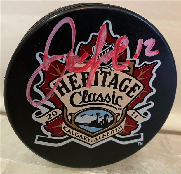 Jarome Iginla Calgary Flames Signed 2011 Heritage Classic Game Hockey Puck (Flawed)