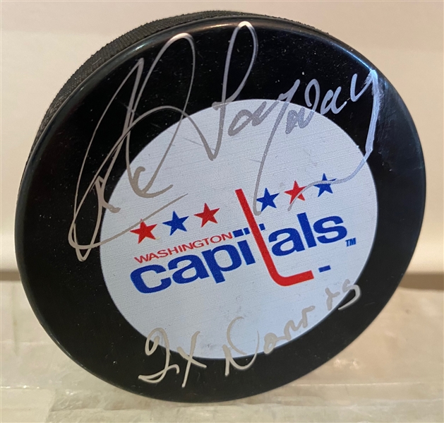 Rod Langway Washington Capitals Signed Hockey Puck with 2 x Norris Note (Flawed)