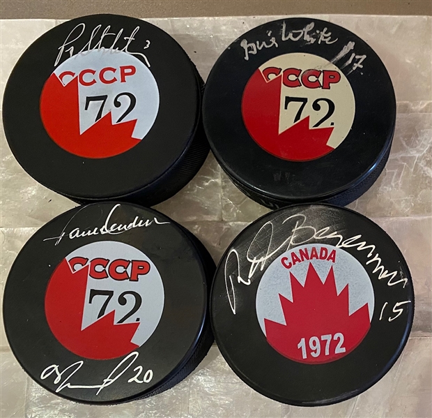 Lot of 4 Signed 1972 Summit Series Canada-CCCP Hockey Pucks -  Henderson/Tretiak (Flawed)