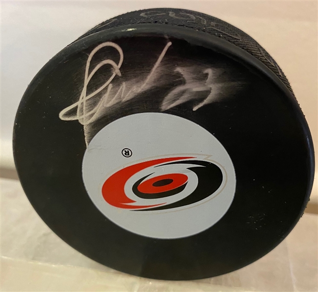Martin Gelinas Carolina Hurricanes Autographed Hockey Puck (Flawed)
