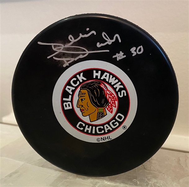 Denis Dejordy Chicago Blackhawks Autographed Hockey Puck (Flawed)