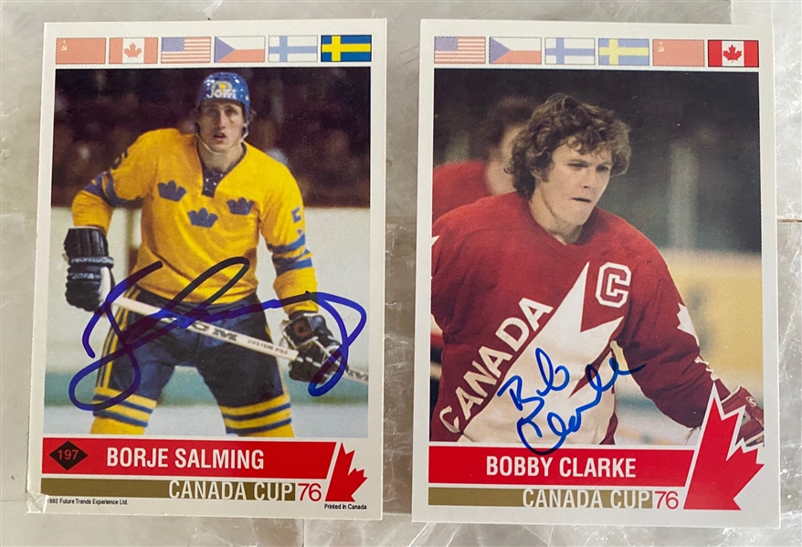 Borje Salming & Bobby Clarke Signed 1976  Canada Cup Trading Cards - Lot of 2