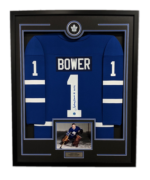 Johnny Bower Autographed Toronto Maple Leafs 36x44 Framed Jersey Display