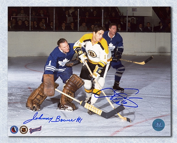 Johnny Bower vs Derek Sanderson Dual Signed Maple Leafs vs Bruins 8x10 Photo