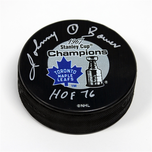 Johnny Bower Toronto Maple Leafs Signed & Inscribed 1967 Stanley Cup Puck