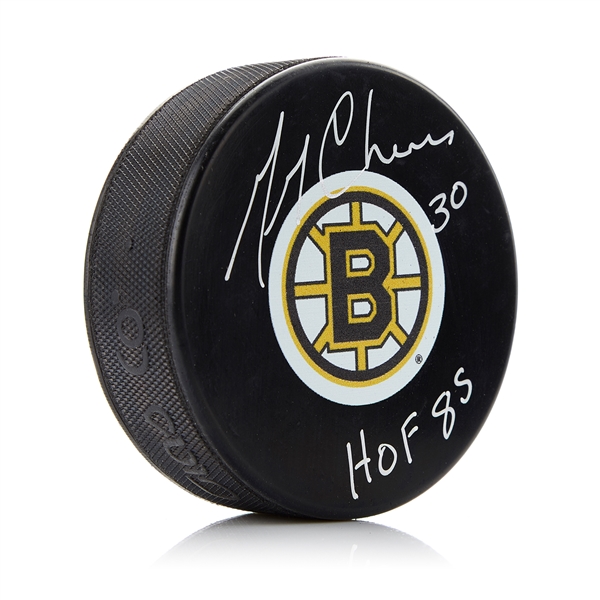 Gerry Cheevers Boston Bruins Signed Hockey Puck with HOF Note
