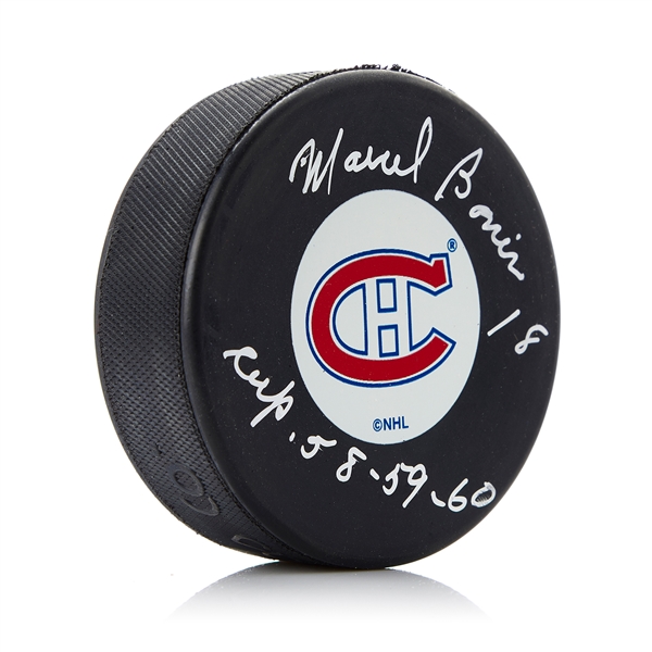 Marcel Bonin Montreal Canadiens Autographed Puck with Stanley Cup Note